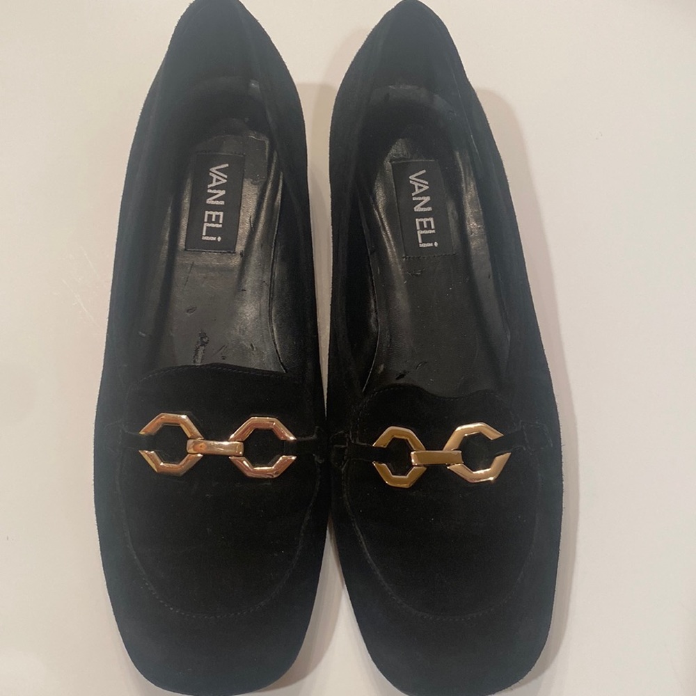VANELI Black Suede Gold Chain Loafers